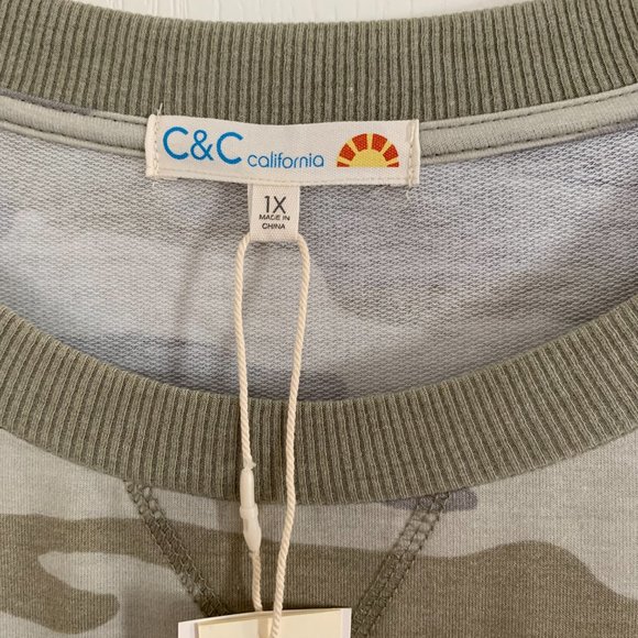 C&C California Alexa Camo Sweatshirt Crew Neck Top Green Gray Tan Size 1X NEW - Picture 5 of 6